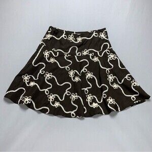 Brown Floral Applique Taffeta Circle Skater Skirt Womens Medium Flowy Loose Fit